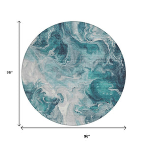 HomeRoots 5' Teal Blue and Ivory Abstract Area Rug – Stylish, Washable, Durable for Indoor and Outdoor Use 8' Round 617802