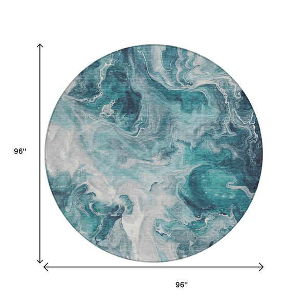 HomeRoots 5' Teal Blue and Ivory Abstract Area Rug – Stylish, Washable, Durable for Indoor and Outdoor Use 8' Round 617802