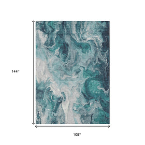 HomeRoots 9' Teal Blue & Ivory Abstract Washable Area Rug – Durable Indoor/Outdoor Design for Stylish Spaces 617804