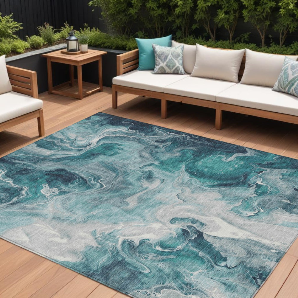 HomeRoots 9' Teal Blue & Ivory Abstract Washable Area Rug – Durable Indoor/Outdoor Design for Stylish Spaces 617804