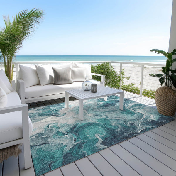 HomeRoots 9' Teal Blue & Ivory Abstract Washable Area Rug – Durable Indoor/Outdoor Design for Stylish Spaces 617804