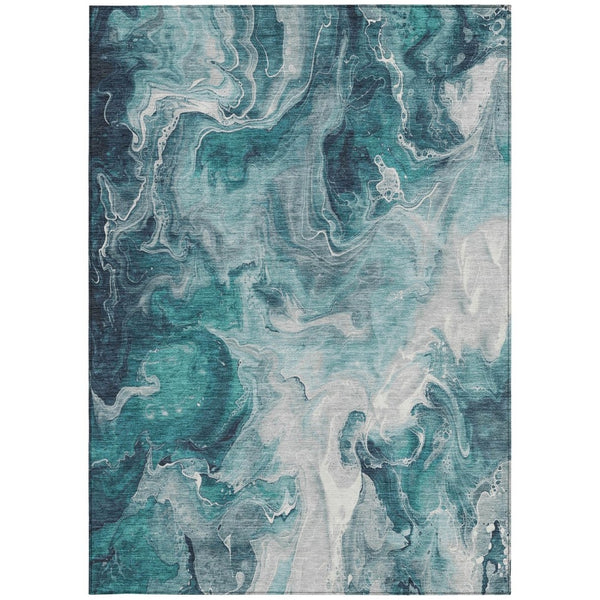 HomeRoots 5' Teal Blue and Ivory Abstract Area Rug – Stylish, Washable, Durable for Indoor and Outdoor Use 10' X 14' 617805