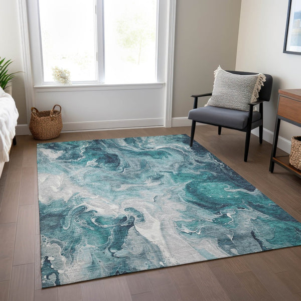 HomeRoots 5' Teal Blue and Ivory Abstract Area Rug – Stylish, Washable, Durable for Indoor and Outdoor Use 10' X 14' 617805