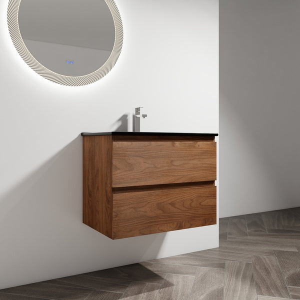 English Elm 30" Wall-Mounted Bathroom Vanity With Black Ceramic Sink & Soft-Close Drawers For Modern Spaces W999S00195