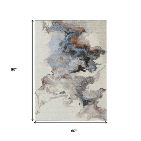 Homeroots 3' Abstract Washable Area Rug - Stylish Indoor Outdoor Design, Durable, Stain Resistant, Versatile Beige Polyester 617813