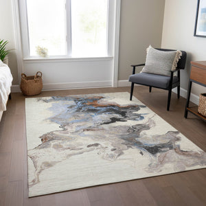 Homeroots 3' Abstract Washable Area Rug - Stylish Indoor Outdoor Design, Durable, Stain Resistant, Versatile Beige Polyester 617815