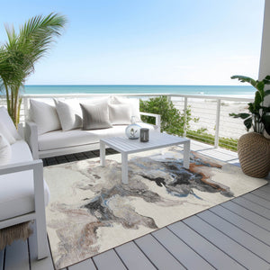 Homeroots 3' Abstract Washable Area Rug - Stylish Indoor Outdoor Design, Durable, Stain Resistant, Versatile Beige Polyester 617816