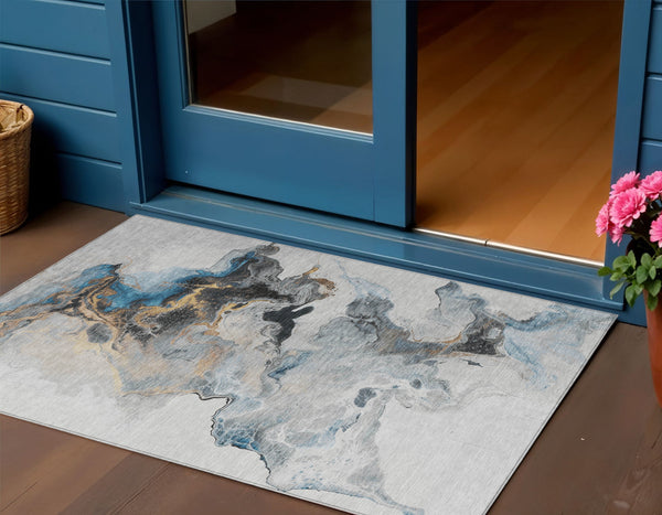 Homeroots 3' Abstract Washable Area Rug - Stylish Indoor Outdoor Design, Durable, Stain Resistant, Versatile Gray Polyester 617818