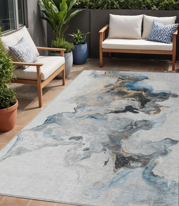 Homeroots 3' Abstract Washable Area Rug - Stylish Indoor Outdoor Design, Durable, Stain Resistant, Versatile Gray Polyester 617819