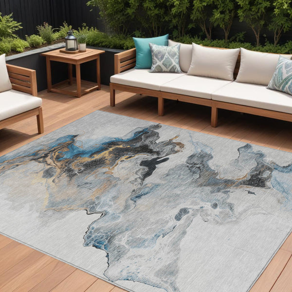 Homeroots 3' Abstract Washable Area Rug - Stylish Indoor Outdoor Design, Durable, Stain Resistant, Versatile Gray Polyester 617822