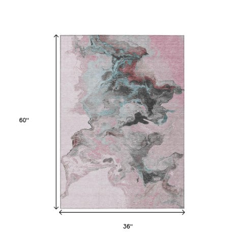 Homeroots 3' Abstract Washable Area Rug - Stylish Indoor Outdoor Design, Durable, Stain Resistant, Versatile Pink Polyester 617824