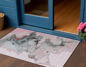 Homeroots 3' Abstract Washable Area Rug - Stylish Indoor Outdoor Design, Durable, Stain Resistant, Versatile Pink Polyester 617824