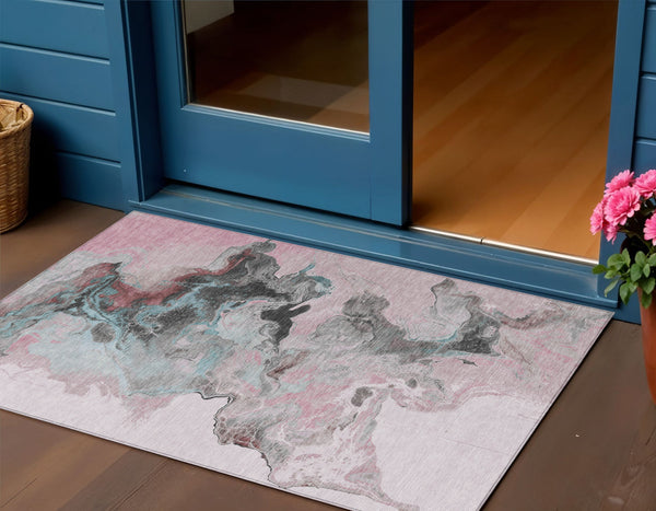 Homeroots 3' Abstract Washable Area Rug - Stylish Indoor Outdoor Design, Durable, Stain Resistant, Versatile Pink Polyester 617824