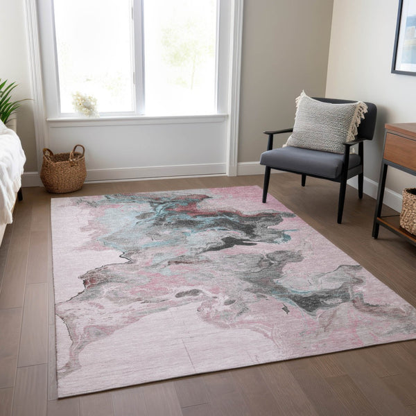Homeroots 3' Abstract Washable Area Rug - Stylish Indoor Outdoor Design, Durable, Stain Resistant, Versatile Pink Polyester 617829