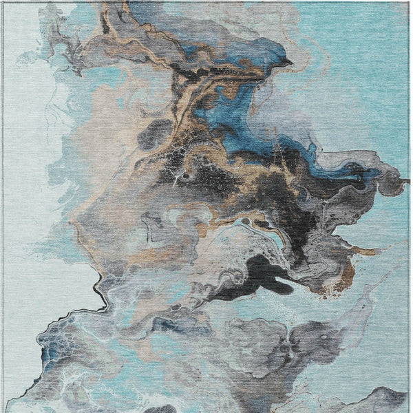 Homeroots 3' Abstract Washable Area Rug - Stylish Indoor Outdoor Design, Durable, Stain Resistant, Versatile Teal Polyester 617830