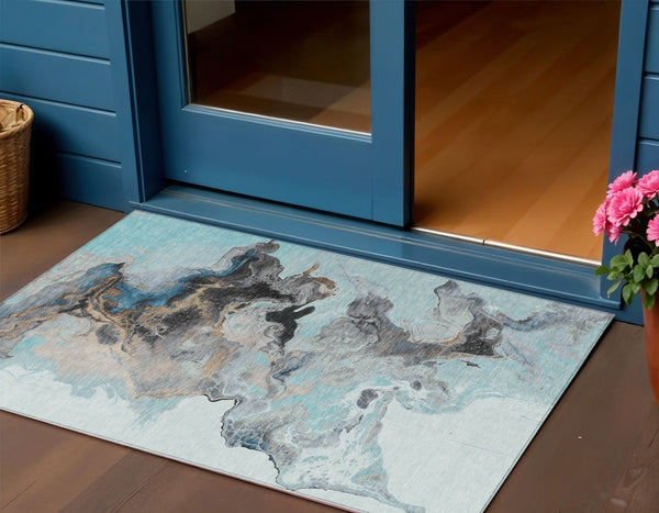 Homeroots 3' Abstract Washable Area Rug - Stylish Indoor Outdoor Design, Durable, Stain Resistant, Versatile Teal Polyester 617830