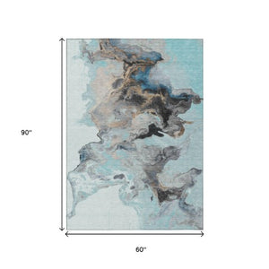 Homeroots 3' Abstract Washable Area Rug - Stylish Indoor Outdoor Design, Durable, Stain Resistant, Versatile Teal Polyester 617831