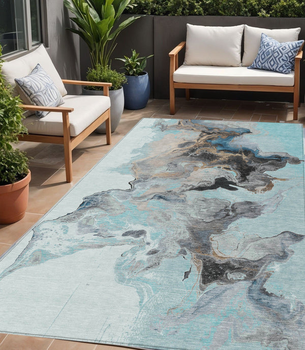 Homeroots 3' Abstract Washable Area Rug - Stylish Indoor Outdoor Design, Durable, Stain Resistant, Versatile Teal Polyester 617831