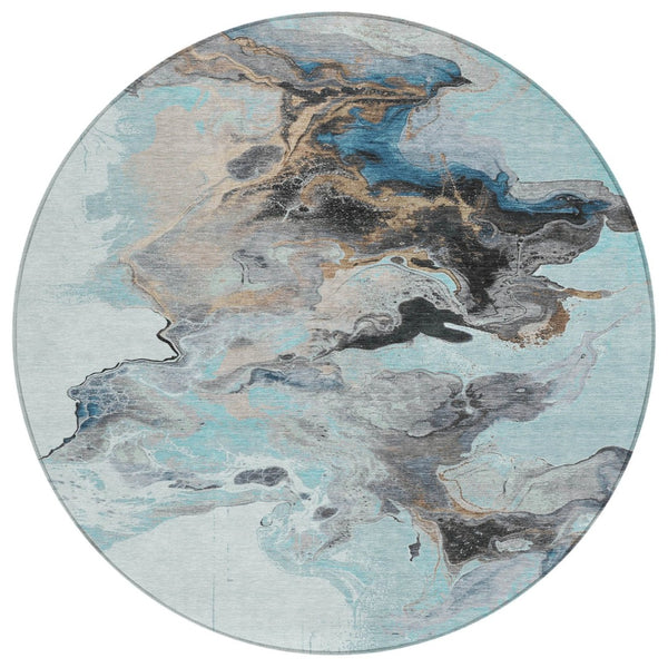 HomeRoots 5' Modern Teal Blue Gold Gray Abstract Washable Area Rug for Indoor and Outdoor Spaces, Durable Design 8' Round 617832