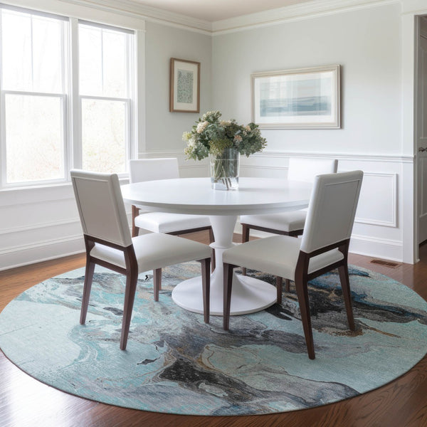 Homeroots 3' Abstract Washable Area Rug - Stylish Indoor Outdoor Design, Durable, Stain Resistant, Versatile Teal Polyester 617832