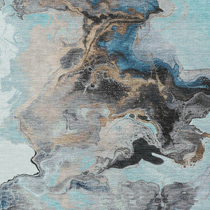 Homeroots 3' Abstract Washable Area Rug - Stylish Indoor Outdoor Design, Durable, Stain Resistant, Versatile Teal Polyester 617833