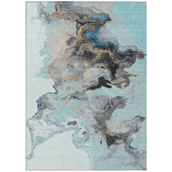 HomeRoots 9' X 12' Teal Blue Gold Gray Abstract Rug - Washable, Stain-Resistant, Perfect for Indoor & Outdoor Spaces! 617834