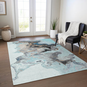 Homeroots 3' Abstract Washable Area Rug - Stylish Indoor Outdoor Design, Durable, Stain Resistant, Versatile Teal Polyester 617834