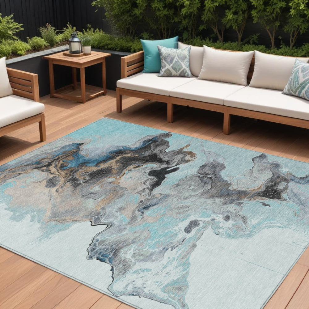 HomeRoots 5' Modern Teal Blue Gold Gray Abstract Washable Area Rug for Indoor and Outdoor Spaces, Durable Design 10' X 14' 617835
