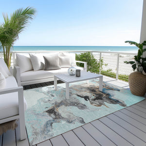 Homeroots 3' Abstract Washable Area Rug - Stylish Indoor Outdoor Design, Durable, Stain Resistant, Versatile Teal Polyester 617835
