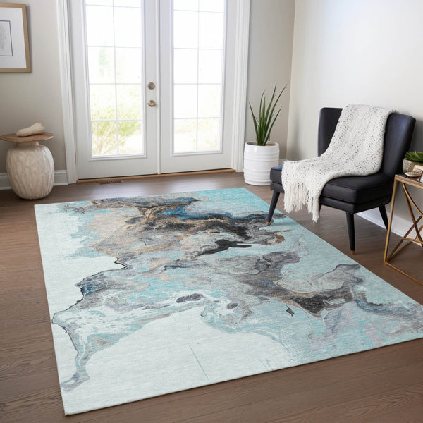 Homeroots 3' Abstract Washable Area Rug - Stylish Indoor Outdoor Design, Durable, Stain Resistant, Versatile Teal Polyester 617835