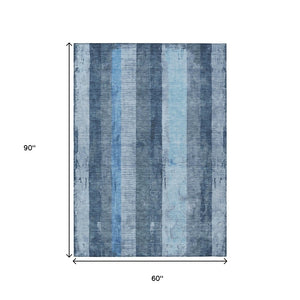 HomeRoots 5' Stylish Blue and Gray Striped Washable Area Rug – Durable, Easy-Clean for Indoor and Outdoor Use 5' X 8' 617837