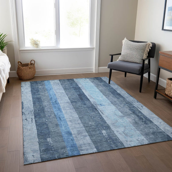 HomeRoots 5' Stylish Blue and Gray Striped Washable Area Rug – Durable, Easy-Clean for Indoor and Outdoor Use 5' X 8' 617837