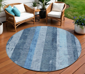 HomeRoots 5' Stylish Blue and Gray Striped Washable Area Rug – Durable, Easy-Clean for Indoor and Outdoor Use 8' Round 617838