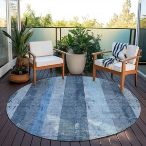 HomeRoots 5' Stylish Blue and Gray Striped Washable Area Rug – Durable, Easy-Clean for Indoor and Outdoor Use 8' Round 617838