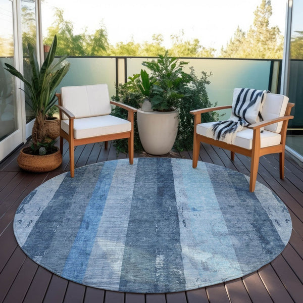 HomeRoots 5' Stylish Blue and Gray Striped Washable Area Rug – Durable, Easy-Clean for Indoor and Outdoor Use 8' Round 617838