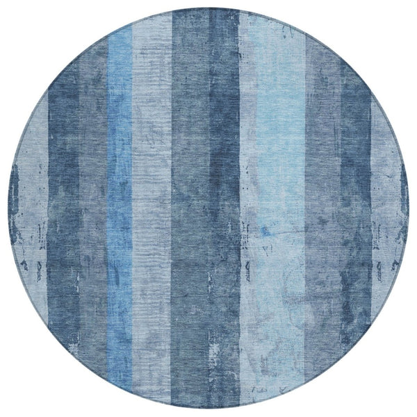 HomeRoots 5' Stylish Blue and Gray Striped Washable Area Rug – Durable, Easy-Clean for Indoor and Outdoor Use 8' Round 617838