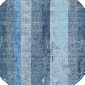 HomeRoots 5' Stylish Blue and Gray Striped Washable Area Rug – Durable, Easy-Clean for Indoor and Outdoor Use 8' Round 617838