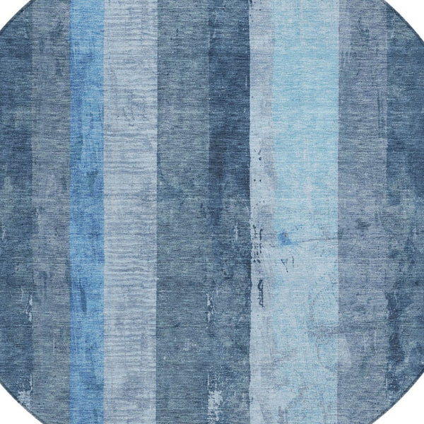 HomeRoots 5' Stylish Blue and Gray Striped Washable Area Rug – Durable, Easy-Clean for Indoor and Outdoor Use 8' Round 617838