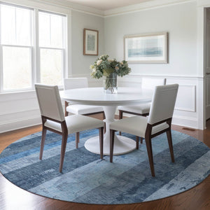HomeRoots 5' Stylish Blue and Gray Striped Washable Area Rug – Durable, Easy-Clean for Indoor and Outdoor Use 8' Round 617838