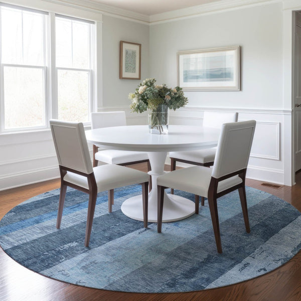 HomeRoots 5' Stylish Blue and Gray Striped Washable Area Rug – Durable, Easy-Clean for Indoor and Outdoor Use 8' Round 617838