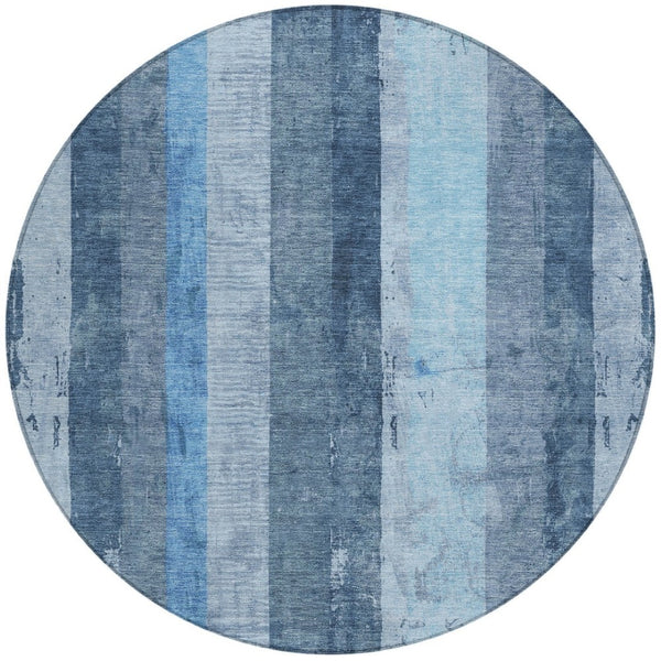HomeRoots 5' Stylish Blue and Gray Striped Washable Area Rug – Durable, Easy-Clean for Indoor and Outdoor Use 8' Round 617838