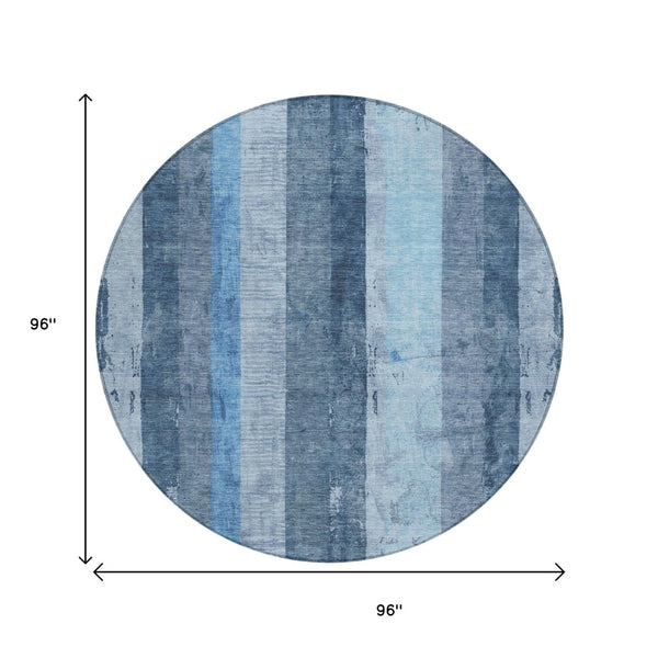 HomeRoots 5' Stylish Blue and Gray Striped Washable Area Rug – Durable, Easy-Clean for Indoor and Outdoor Use 8' Round 617838