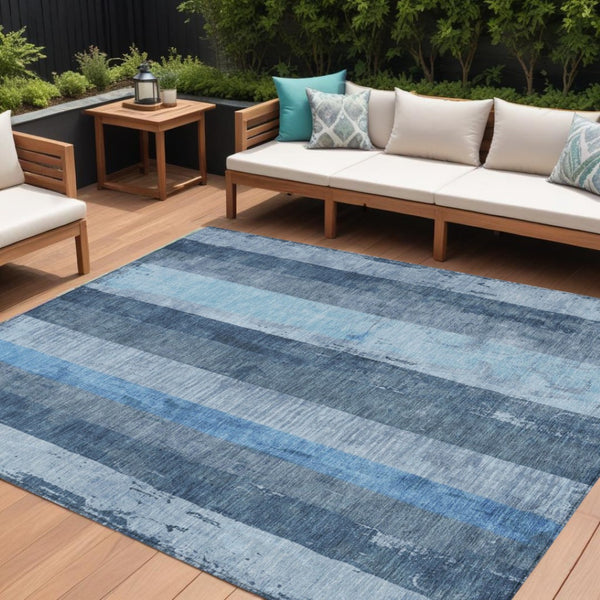 HomeRoots 5' Stylish Blue and Gray Striped Washable Area Rug – Durable, Easy-Clean for Indoor and Outdoor Use 9' X 12' 617840