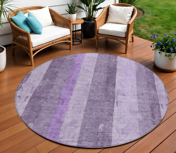 HomeRoots 5' Striped Purple and Lilac Washable Area Rug – Versatile, Durable, Indoor-Outdoor Comfort for All Spaces 8' Round 617844