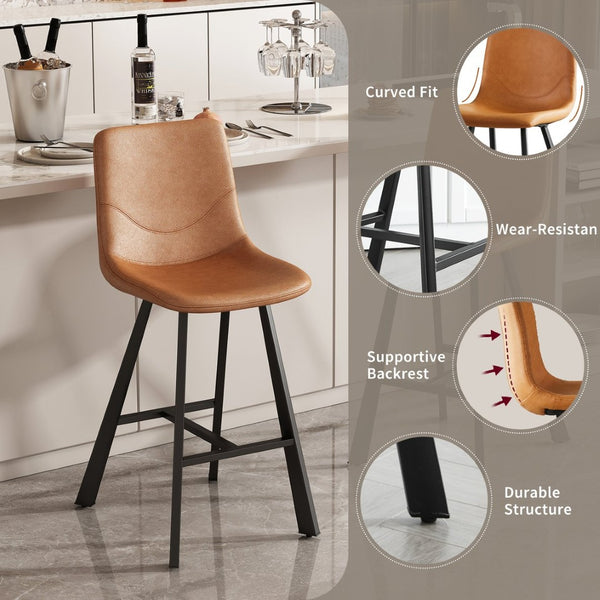English Elm Faux Leather Counter Stools Set of Two Ergonomic Curved Back Metal Frame Kitchen Seating Cognac W5096P400395
