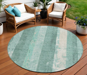 HomeRoots 5' Refreshing Pale Aqua and Teal Striped Area Rug – Durable, Washable for Indoor & Outdoor Use 8' Round 617850