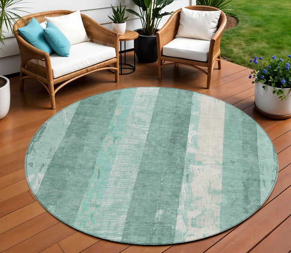 HomeRoots 5' Refreshing Pale Aqua and Teal Striped Area Rug – Durable, Washable for Indoor & Outdoor Use 8' Round 617850