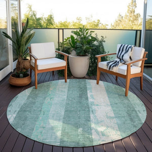 HomeRoots 5' Refreshing Pale Aqua and Teal Striped Area Rug – Durable, Washable for Indoor & Outdoor Use 8' Round 617850