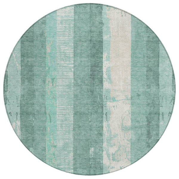 HomeRoots 5' Refreshing Pale Aqua and Teal Striped Area Rug – Durable, Washable for Indoor & Outdoor Use 8' Round 617850