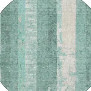HomeRoots 5' Refreshing Pale Aqua and Teal Striped Area Rug – Durable, Washable for Indoor & Outdoor Use 8' Round 617850